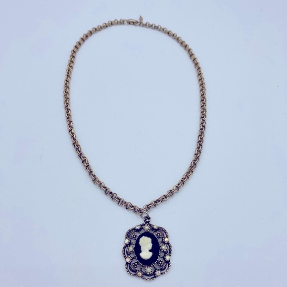 Hope Chest Jewelry - Vintage Antique Gold Tone With AB Rhinestones And Faux Pearls Cameo Necklace